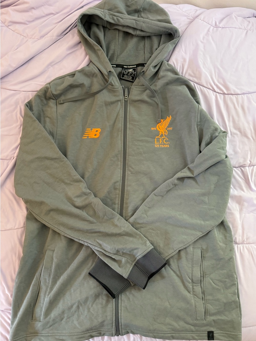 New Balance Grey Liverpool FC Zip Hoodie with Orange Crest